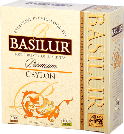 Front opakowania Basilur Premium Ceylon z logo marki i złotymi detalami