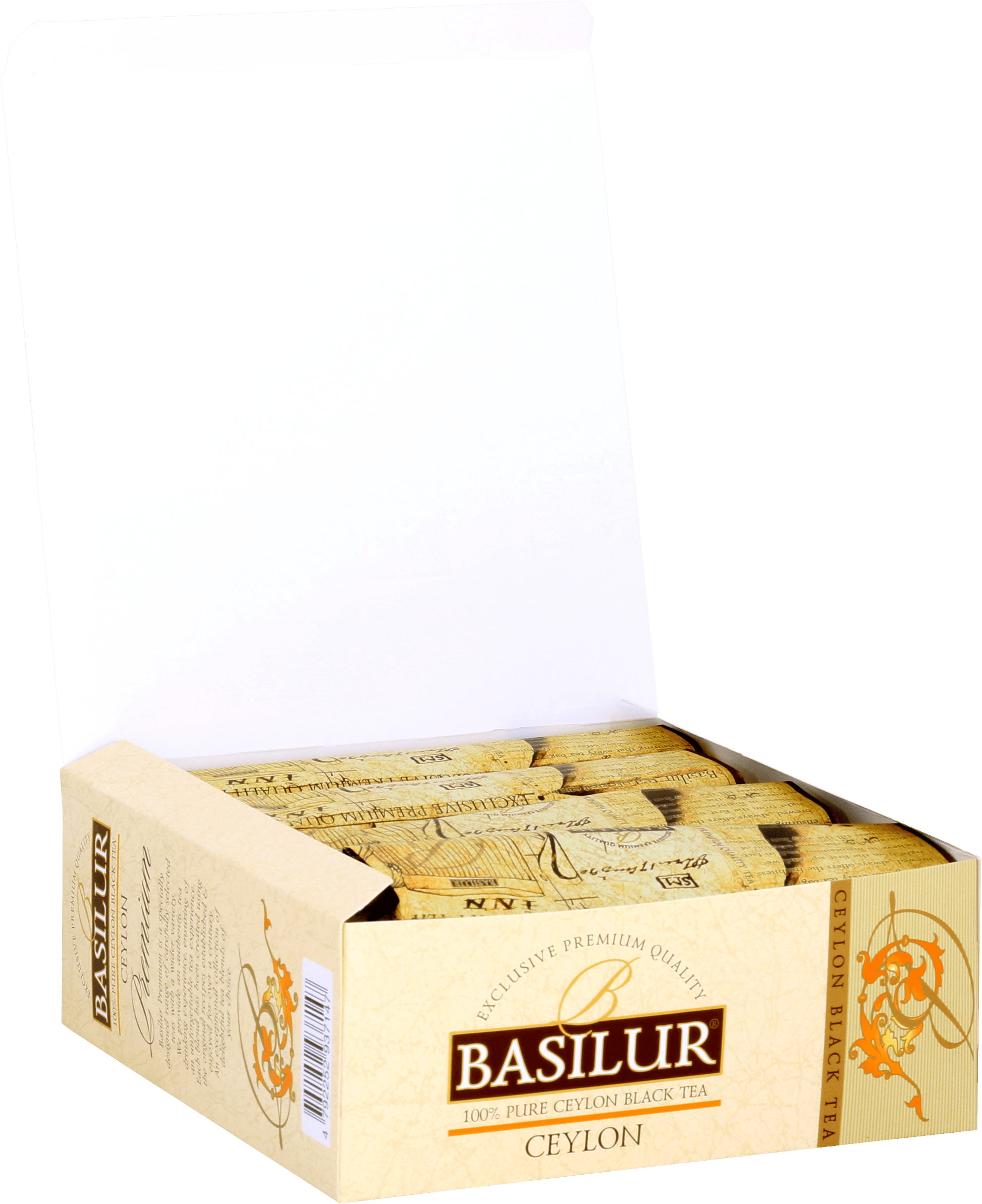 Otwarta paczka Basilur Premium Ceylon z widocznymi kopertami herbaty cejlońskiej