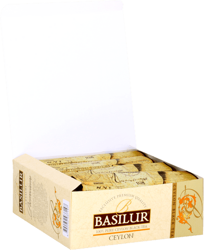 Otwarta paczka Basilur Premium Ceylon z widocznymi kopertami herbaty cejlońskiej