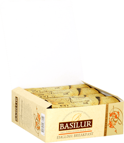 Otwarta paczka Basilur English Breakfast z kopertami czarnej herbaty cejlońskiej