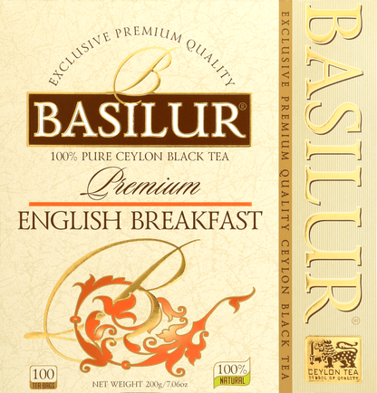 Herbata Basilur English Breakfast – front opakowania z logo i złotymi detalami
