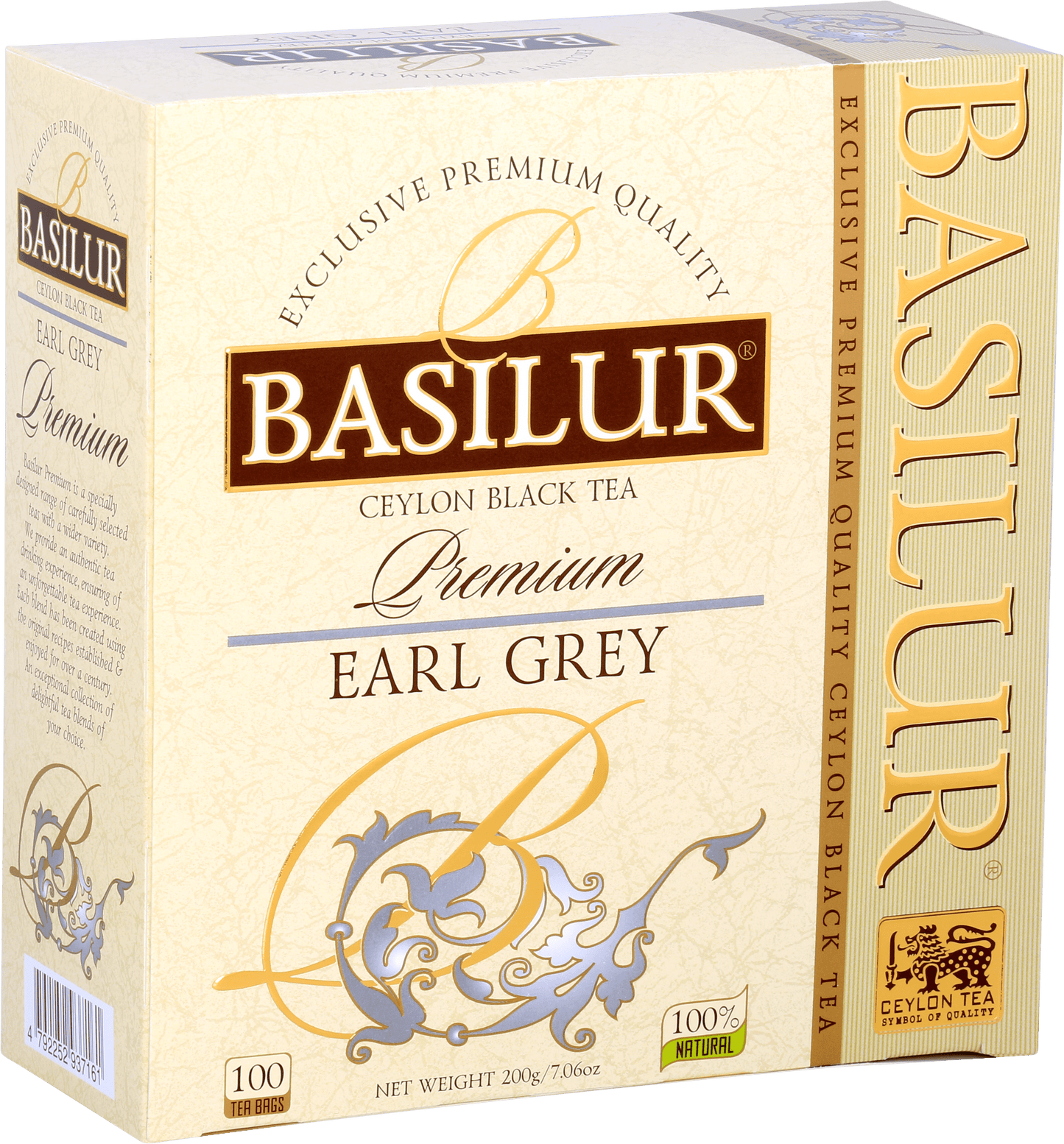 Herbata Basilur Premium Earl Grey – klasyczne pudełko z logo i złotymi detalami
