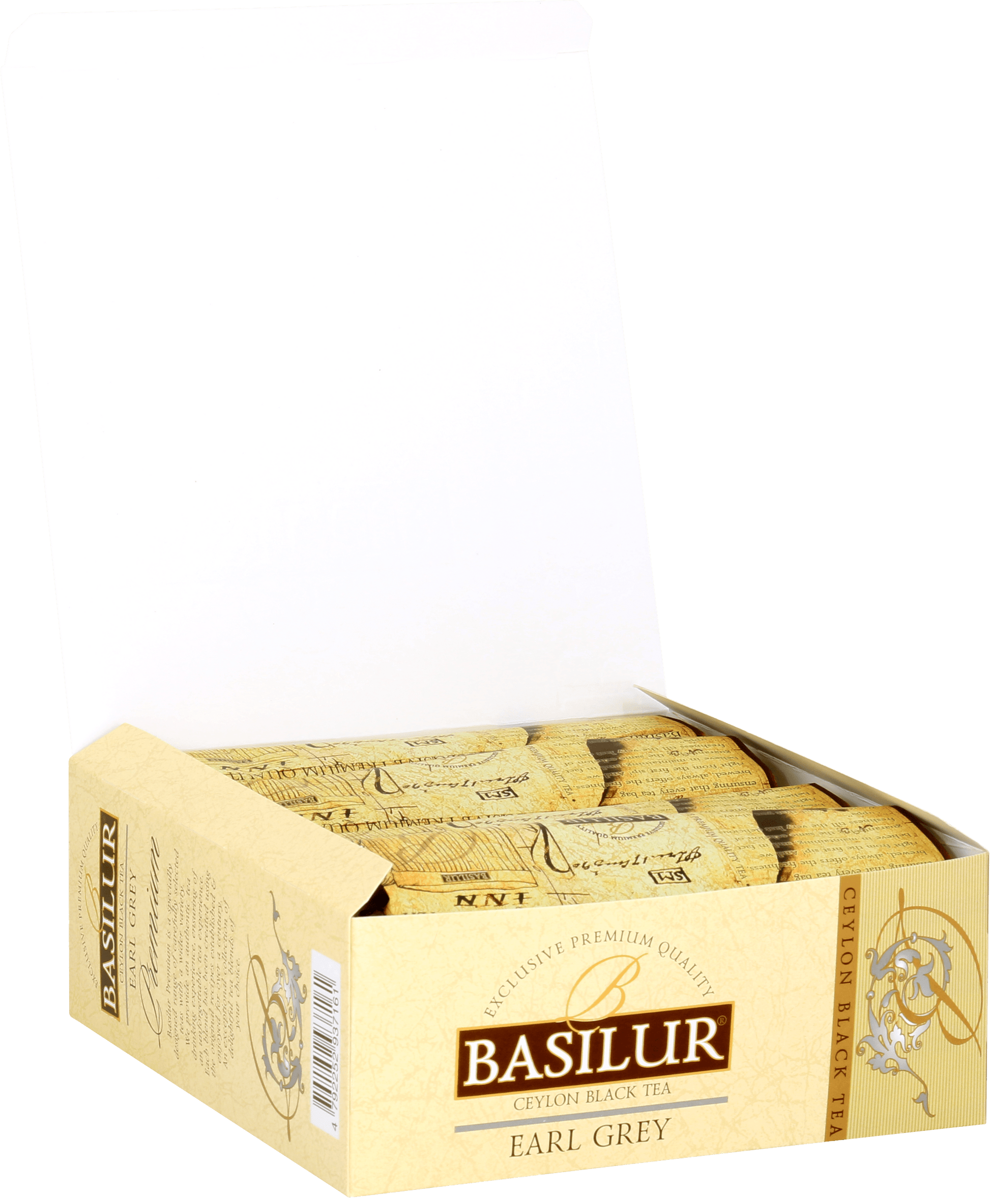 Otwarta paczka herbaty Basilur Premium Earl Grey 100 kopert czarnej herbaty cejlońskiej