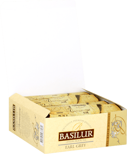 Otwarta paczka herbaty Basilur Premium Earl Grey 100 kopert czarnej herbaty cejlońskiej