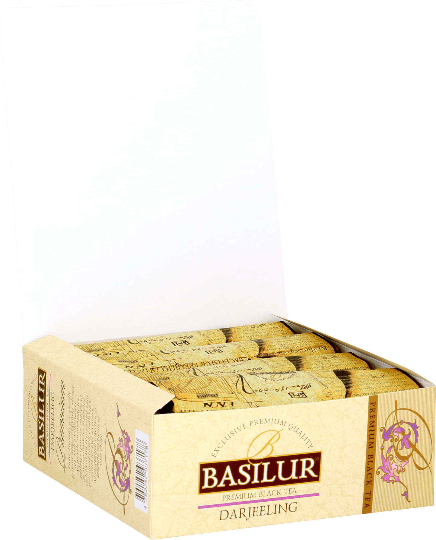 Otwarte pudełko Basilur Darjeeling z torebkami herbaty