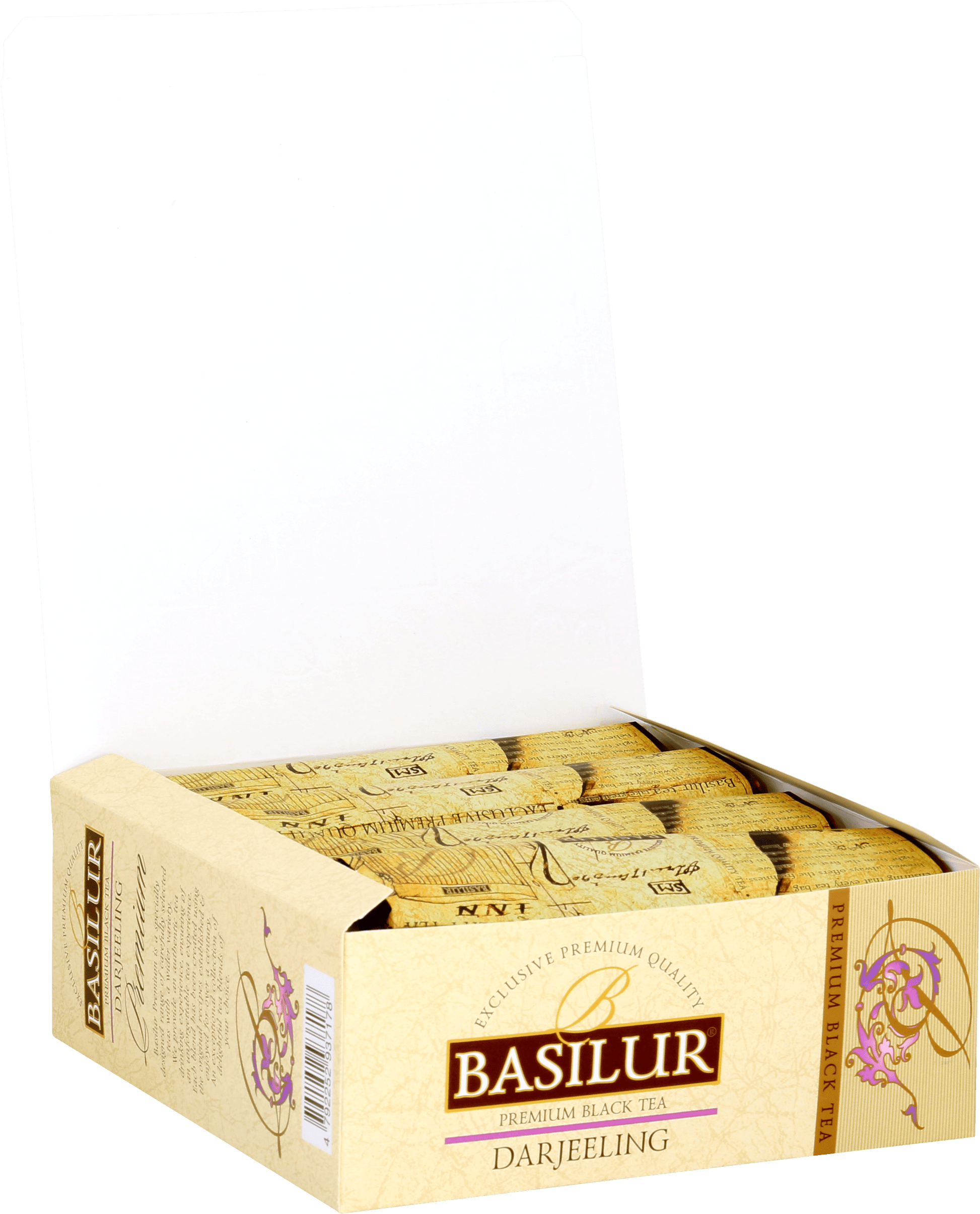 Otwarte pudełko Basilur Darjeeling z torebkami herbaty