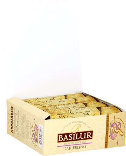 Otwarte pudełko Basilur Darjeeling z torebkami herbaty