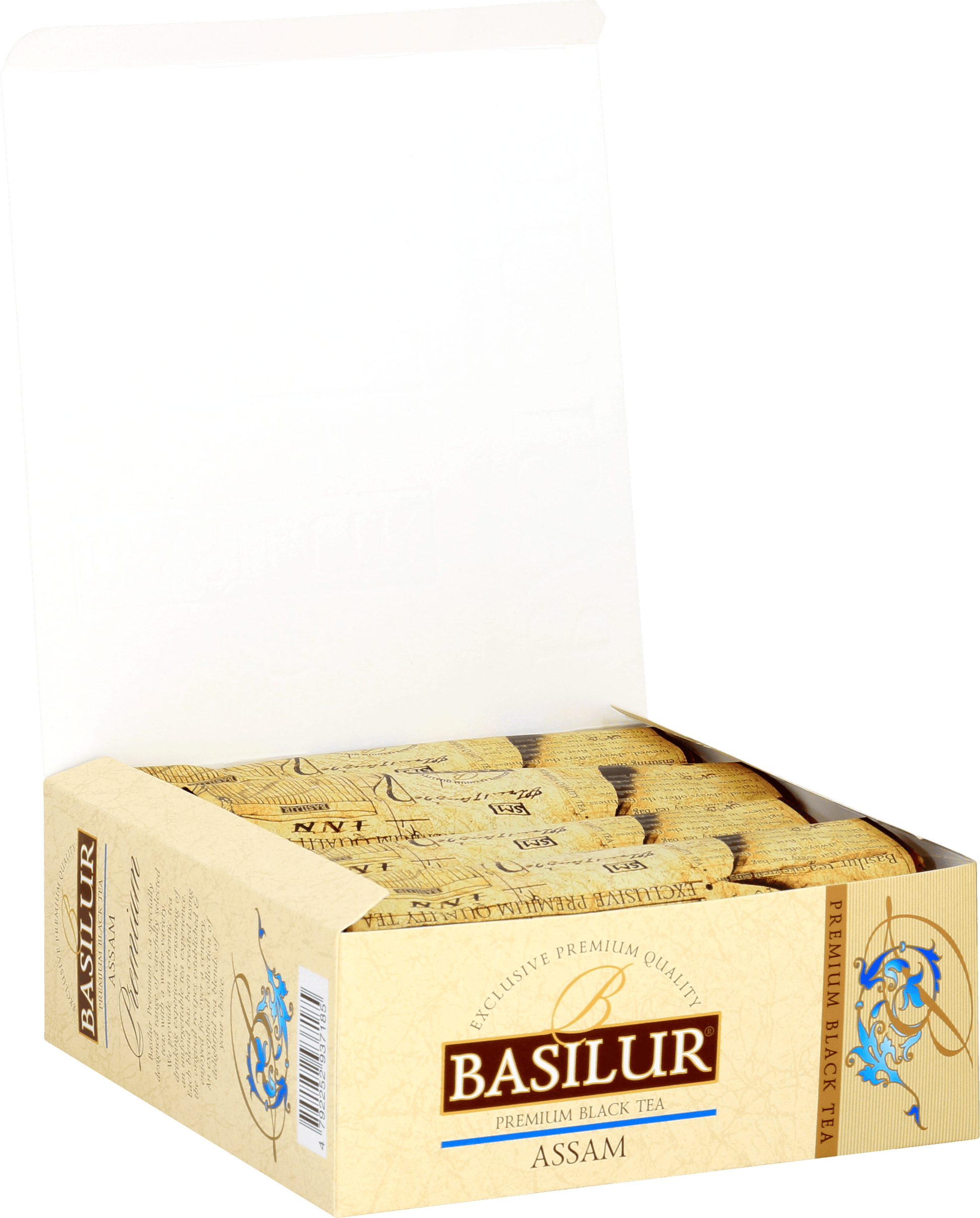 Otwarta paczka Basilur Assam z kopertami czarnej herbaty o intensywnym aromacie