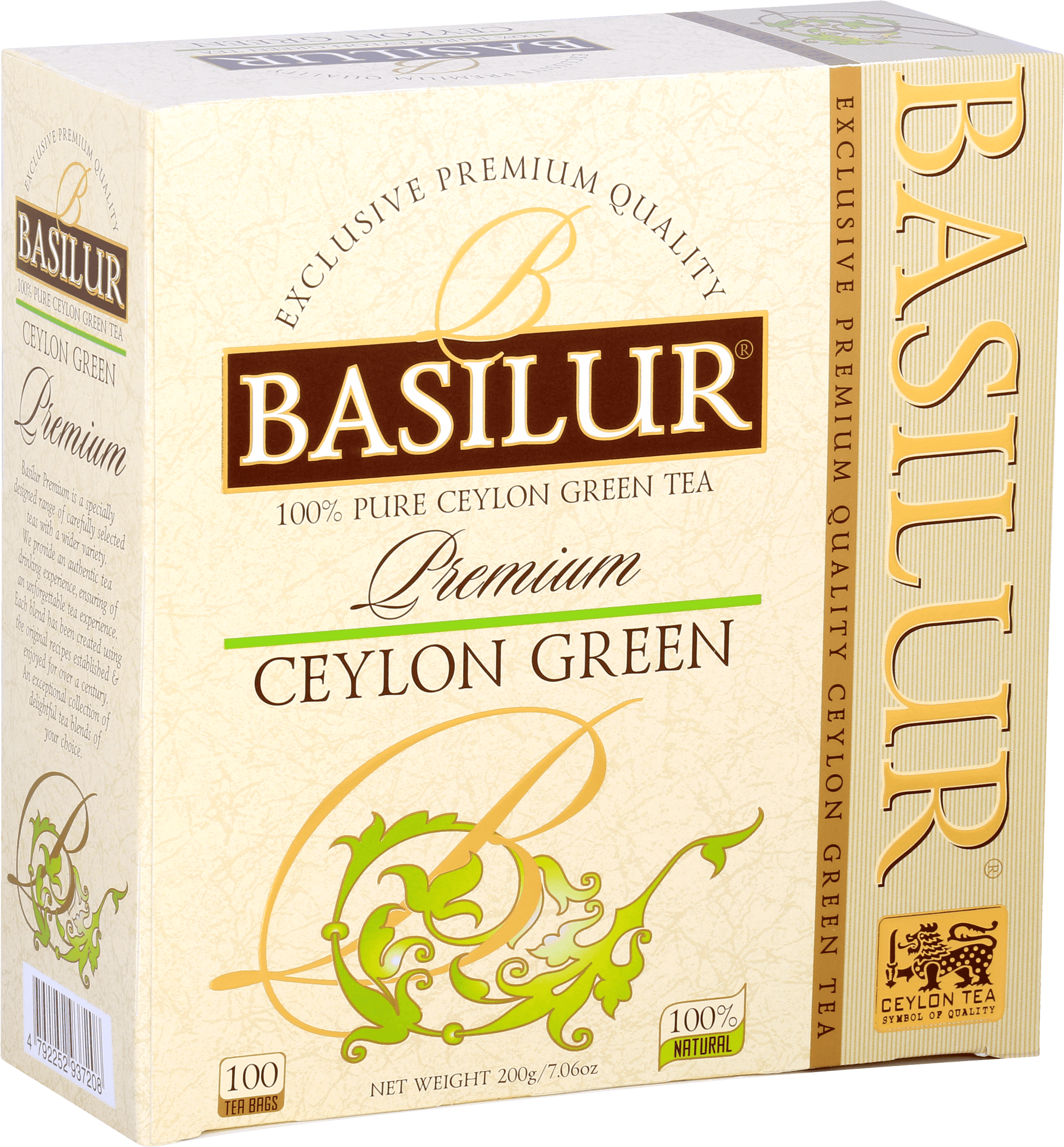 Front opakowania Basilur Ceylon Green z logo i złoto-zielonymi zdobieniami