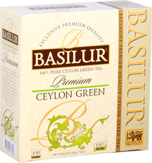 Front opakowania Basilur Ceylon Green z logo i złoto-zielonymi zdobieniami