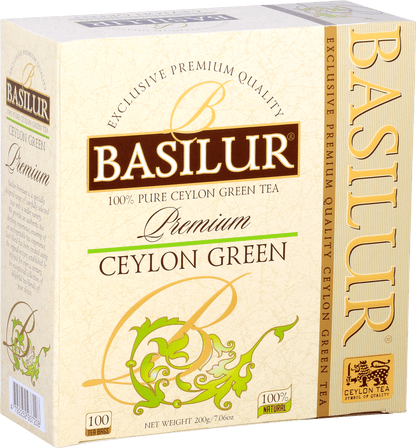Front opakowania Basilur Ceylon Green z logo i złoto-zielonymi zdobieniami