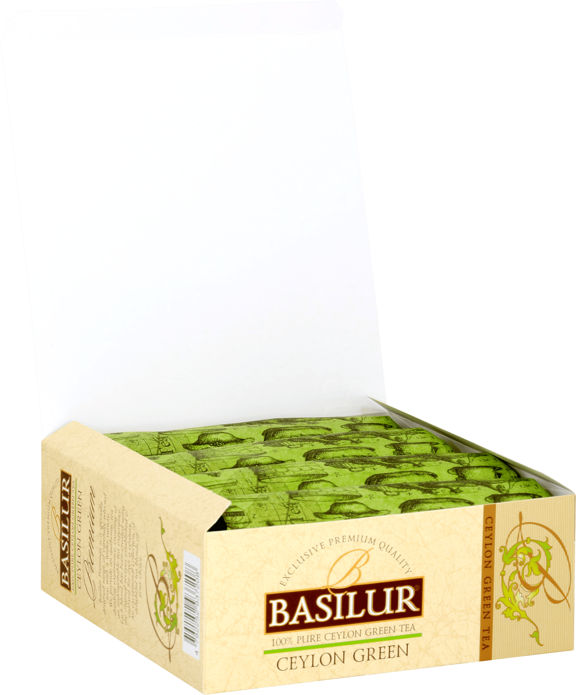 Otwarta paczka Basilur Ceylon Green z kopertami zielonej herbaty cejlońskiej