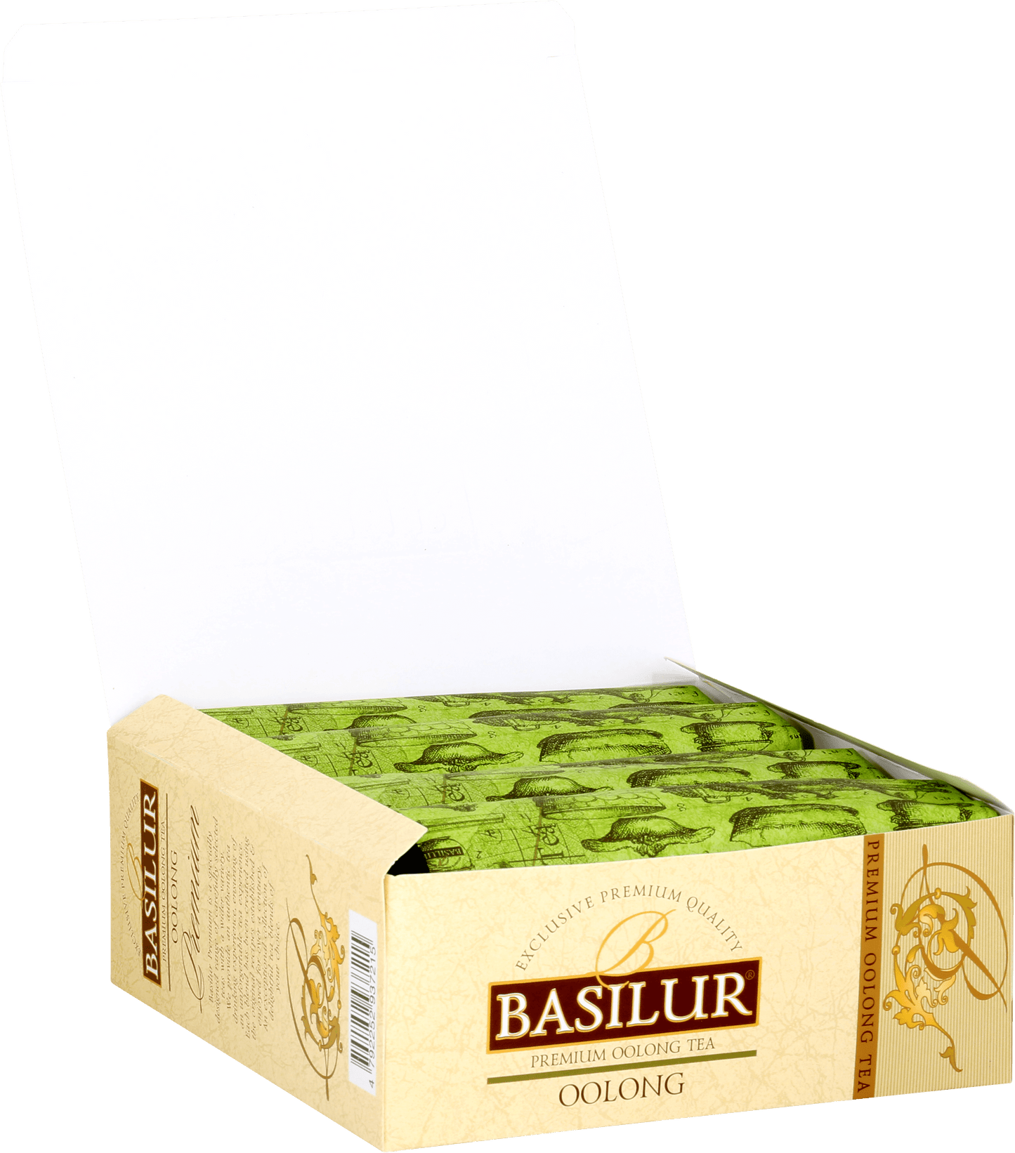 Otwarta paczka Basilur Premium Oolong z kopertami herbaty półfermentowanej