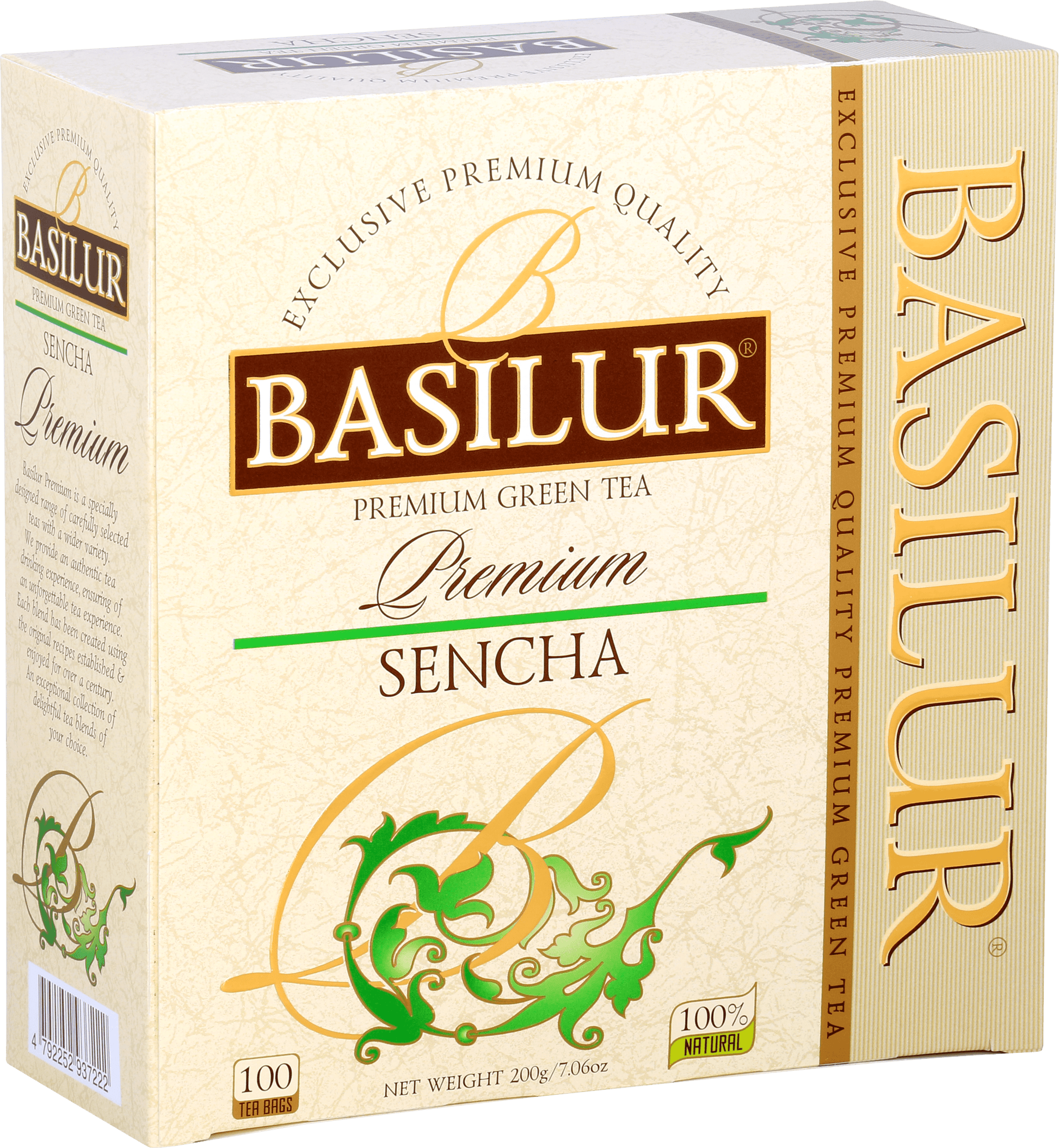 Bok opakowania Basilur Sencha zielona herbata naturalna 100 torebek