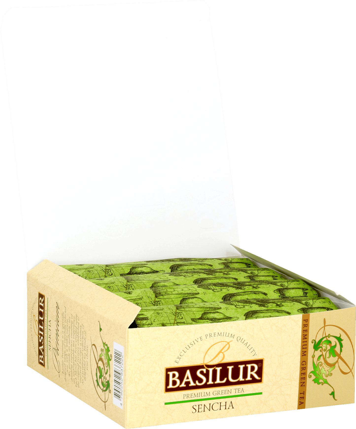 Otwarte pudełko z herbatą Basilur Sencha w torebkach, zielona herbata premium