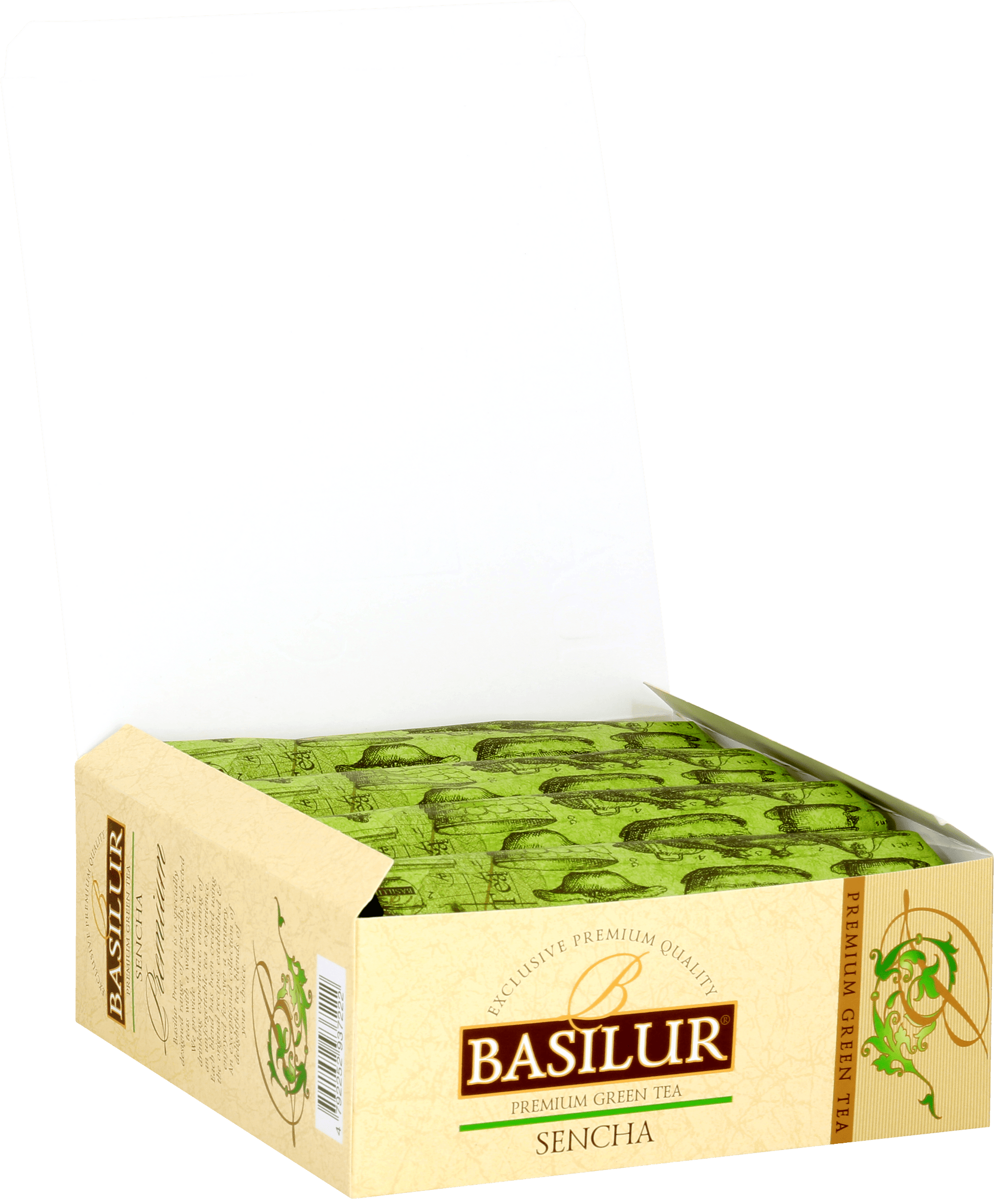 Otwarte pudełko z herbatą Basilur Sencha w torebkach, zielona herbata premium