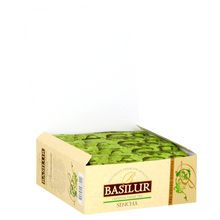 Otwarte pudełko z herbatą Basilur Sencha w torebkach, zielona herbata premium