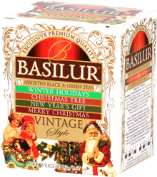 Zestaw herbat Basilur Vintage Style z motywem Świętego Mikołaja i dzieci, kolekcja świąteczna.