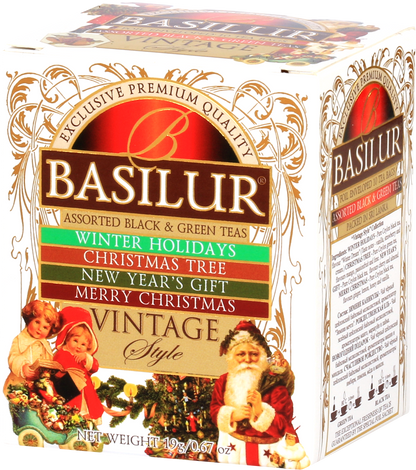 Zestaw herbat Basilur Vintage Style z motywem Świętego Mikołaja i dzieci, kolekcja świąteczna.