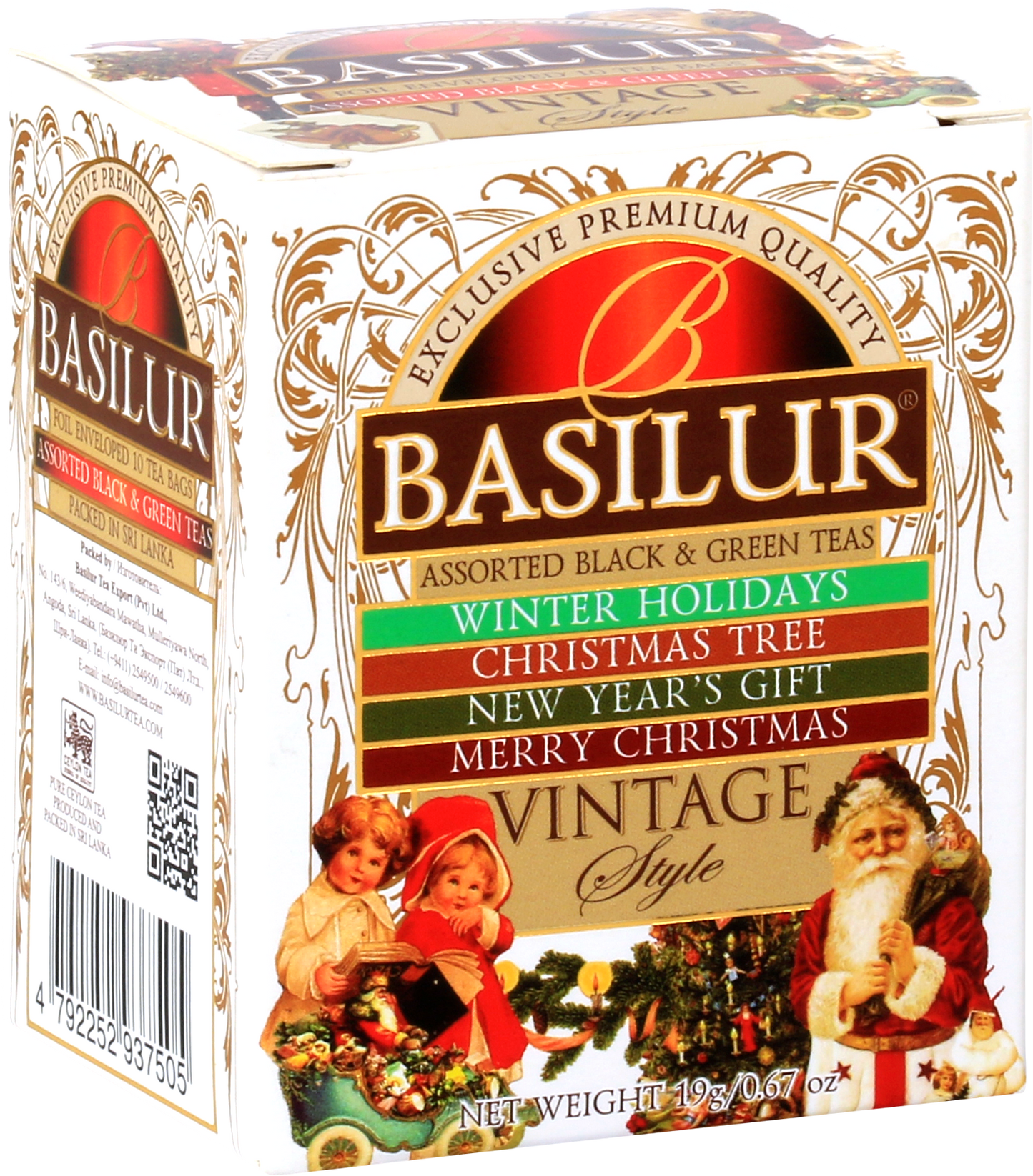 Herbata Basilur Vintage Style w ozdobnym świątecznym opakowaniu, czarne i zielone herbaty cejlońskie.