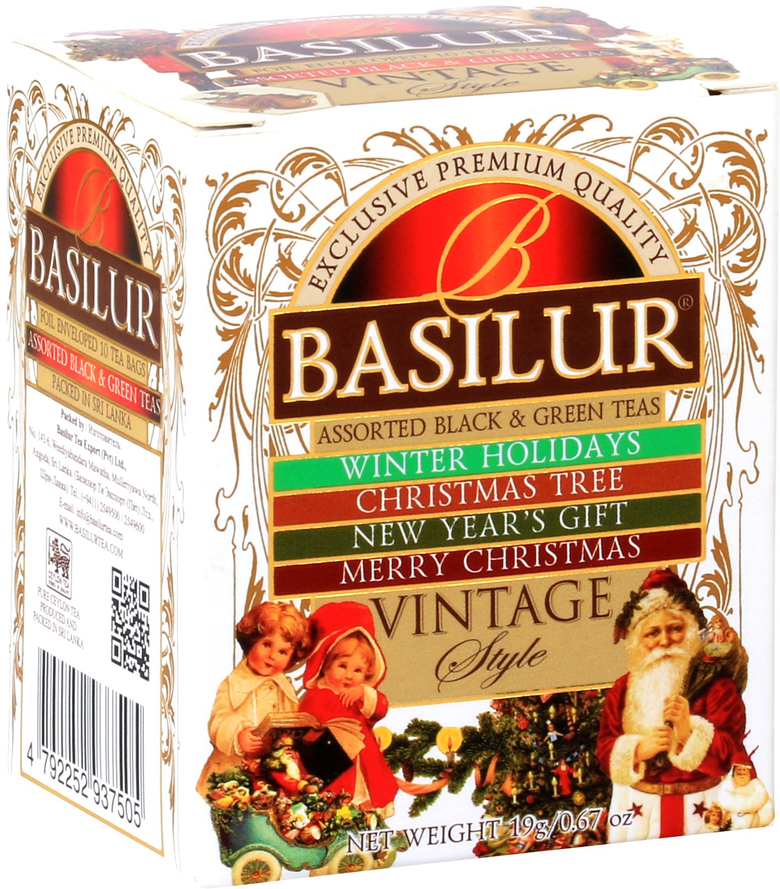 Herbata Basilur Vintage Style w ozdobnym świątecznym opakowaniu, czarne i zielone herbaty cejlońskie.