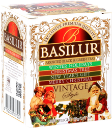 Herbata Basilur Vintage Style w ozdobnym świątecznym opakowaniu, czarne i zielone herbaty cejlońskie.