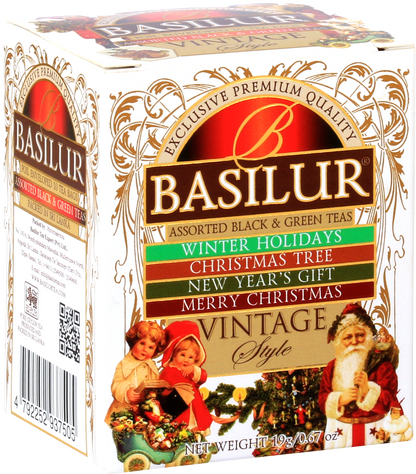 Herbata Basilur Vintage Style w ozdobnym świątecznym opakowaniu, czarne i zielone herbaty cejlońskie.