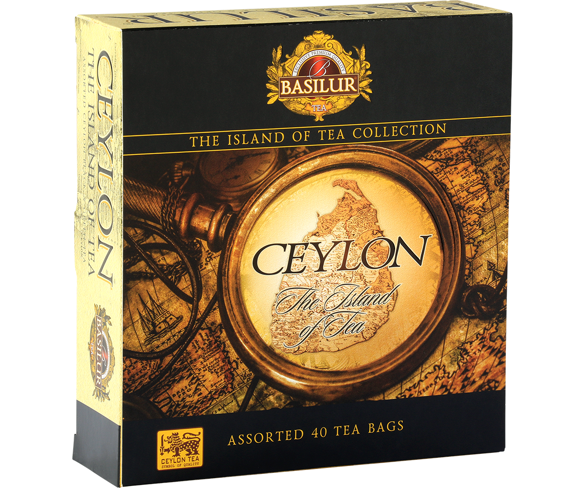 Opakowanie Basilur The Island of Tea prezentujące kolekcję herbat z Cejlonu.