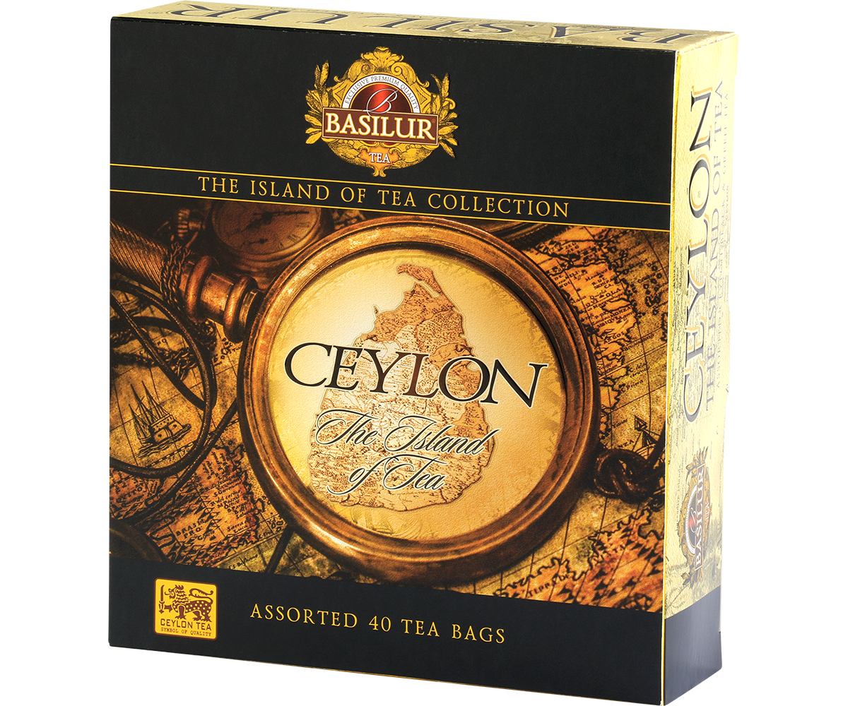 Boczne ujęcie eleganckiego pudełka Basilur The Island of Tea w kolorach złota i czerni.