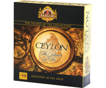 Boczne ujęcie eleganckiego pudełka Basilur The Island of Tea w kolorach złota i czerni.