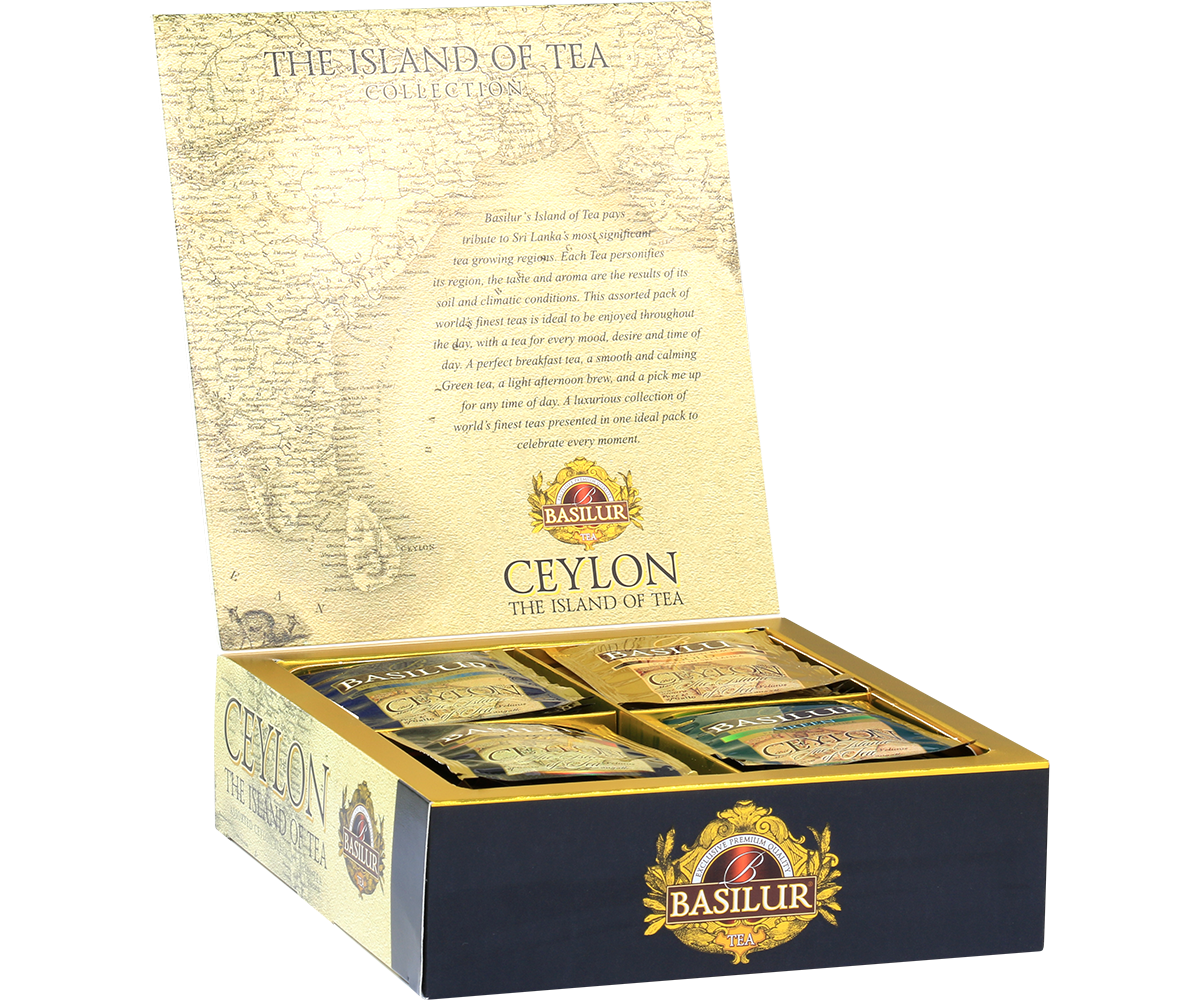 Otwarty zestaw Basilur The Island of Tea z kopertami różnych herbat cejlońskich.