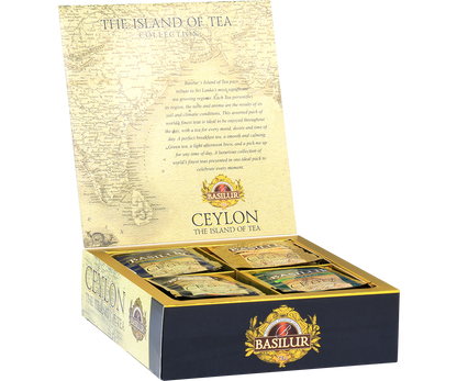 Otwarty zestaw Basilur The Island of Tea z kopertami różnych herbat cejlońskich.