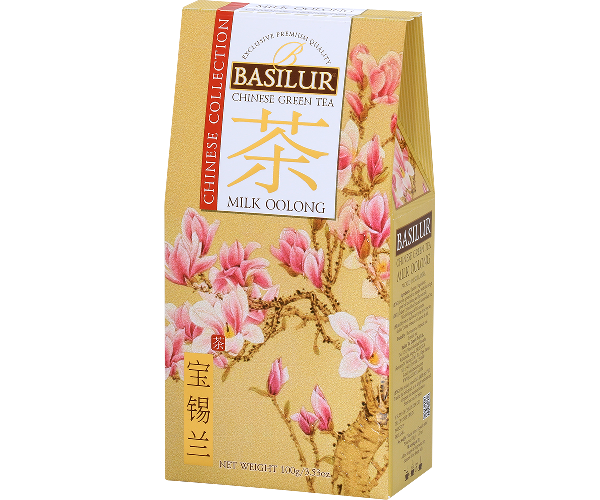 Herbata Basilur Milk Oolong z serii Chinese Collection w eleganckim opakowaniu z motywem magnolii.