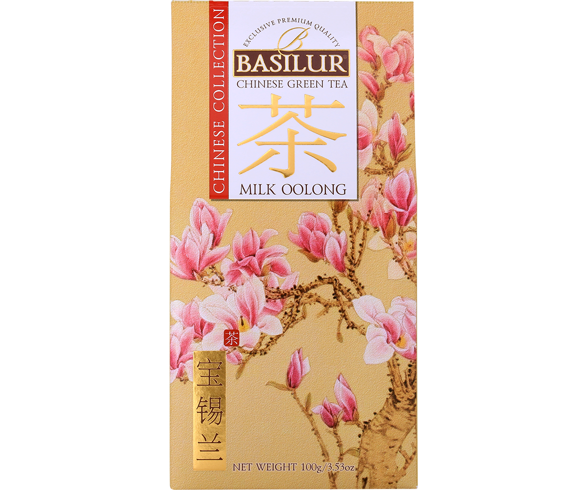 Opakowanie Basilur Chinese Collection Milk Oolong – wysokiej jakości herbata o delikatnym smaku.