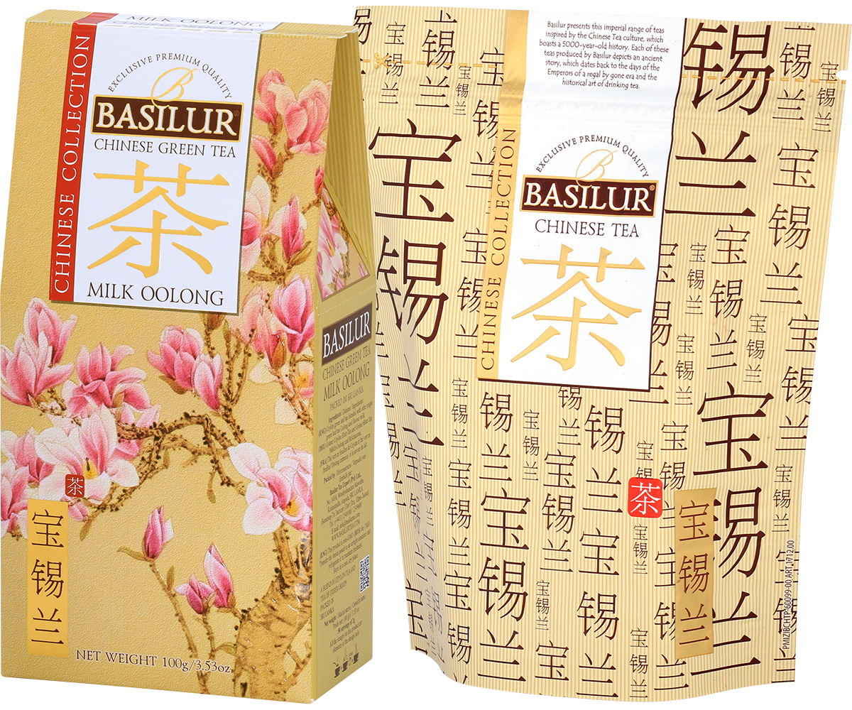 Herbata Basilur Milk Oolong z serii Chinese Collection w eleganckim opakowaniu z motywem magnolii.
