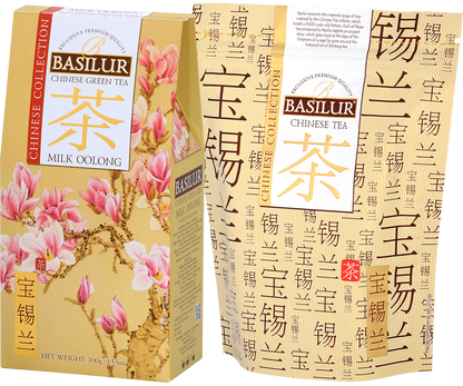 Herbata Basilur Milk Oolong z serii Chinese Collection w eleganckim opakowaniu z motywem magnolii.