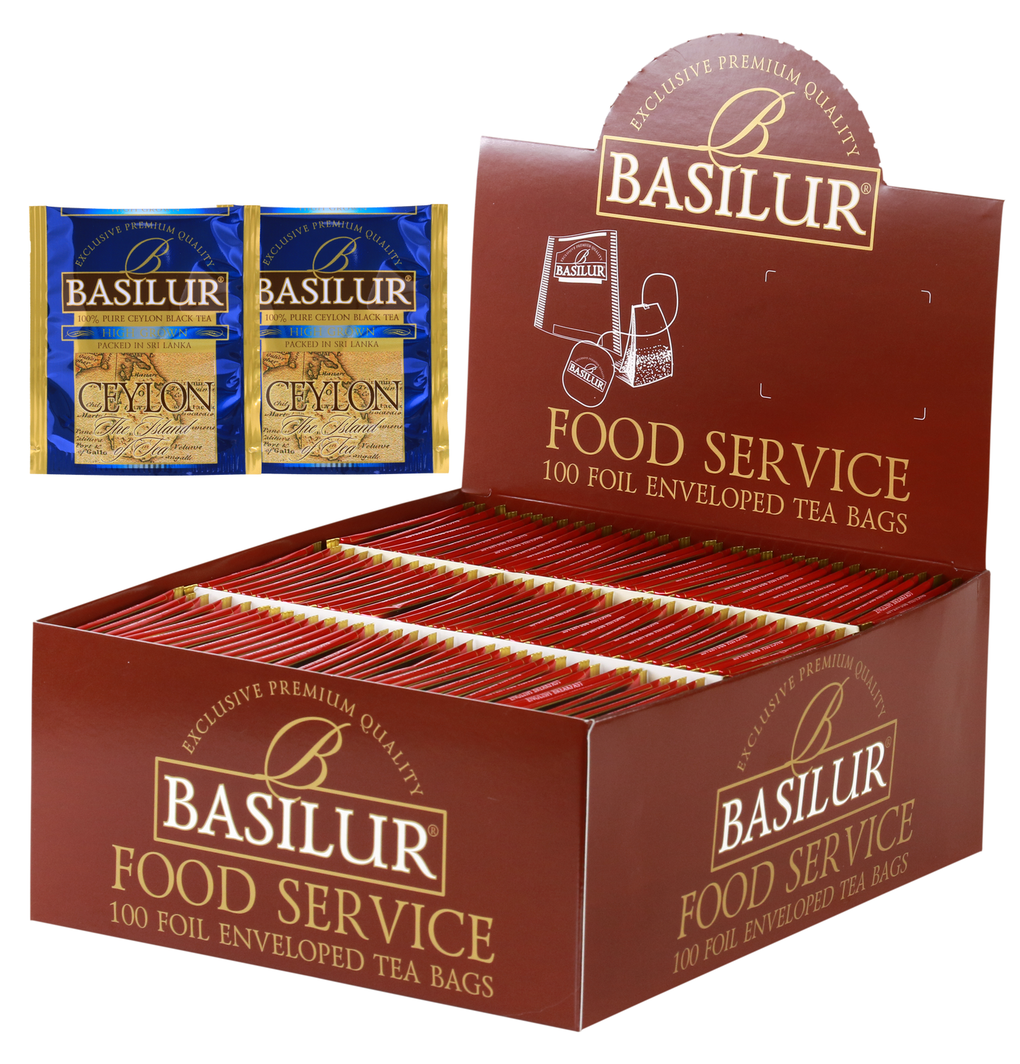 Herbata Basilur High Grown w ekspozytorze typu food service, 100 kopertowanych torebek czarnej herbaty.