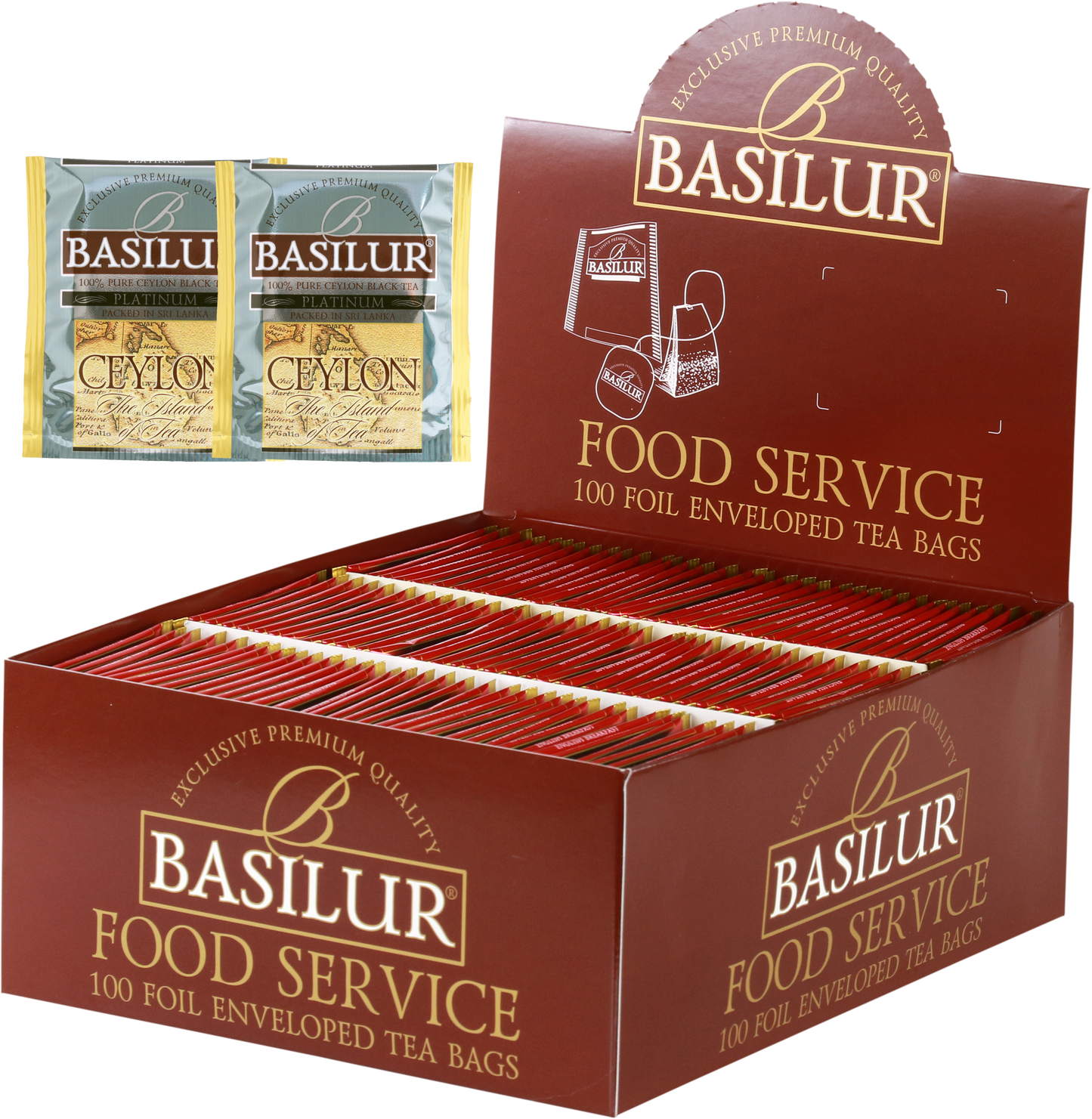 Herbata Basilur Platinum w ekspozytorze typu food service, 100 kopertowanych torebek czarnej herbaty.