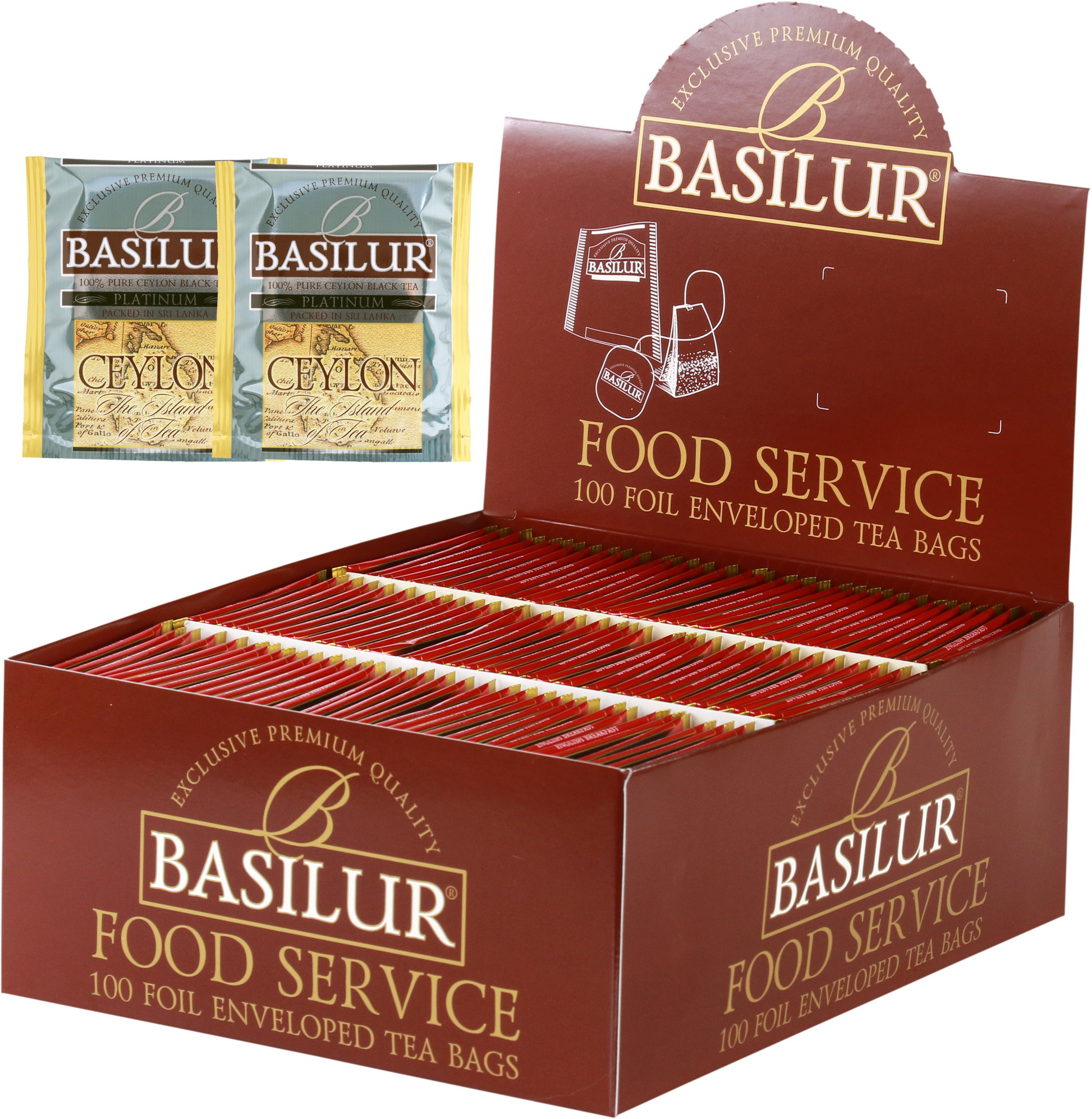 Herbata Basilur Platinum w ekspozytorze typu food service, 100 kopertowanych torebek czarnej herbaty.