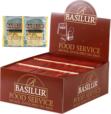 Herbata Basilur Platinum w ekspozytorze typu food service, 100 kopertowanych torebek czarnej herbaty.