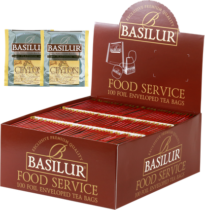 Herbata Basilur Platinum w ekspozytorze typu food service, 100 kopertowanych torebek czarnej herbaty.