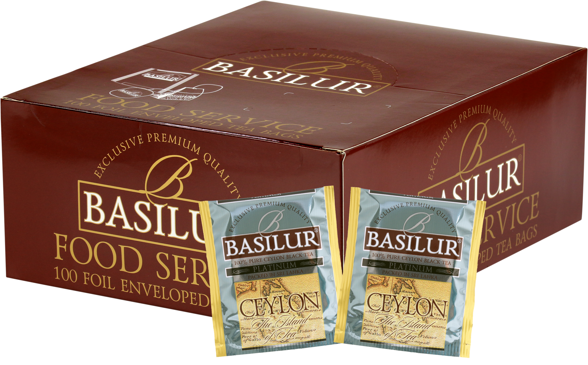 Opakowanie zbiorcze Basilur Platinum z saszetkami czarnej herbaty cejlońskiej klasy premium.