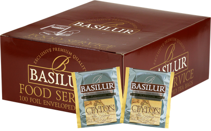 Opakowanie zbiorcze Basilur Platinum z saszetkami czarnej herbaty cejlońskiej klasy premium.
