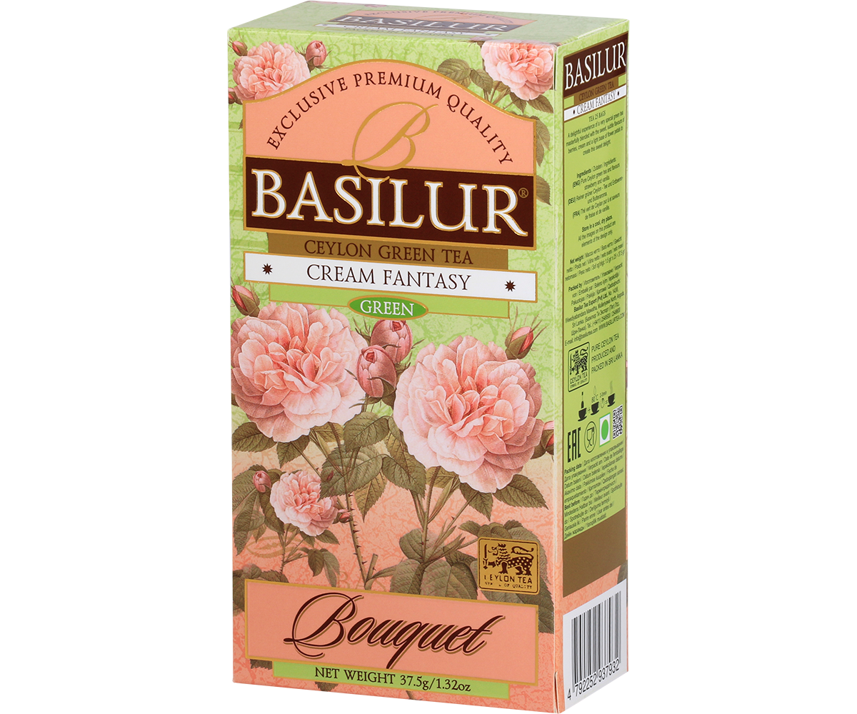Bok pudełka Basilur Cream Fantasy z opisem herbaty zielonej z serii Bouquet.