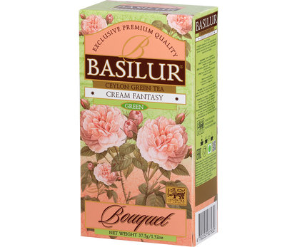 Bok pudełka Basilur Cream Fantasy z opisem herbaty zielonej z serii Bouquet.