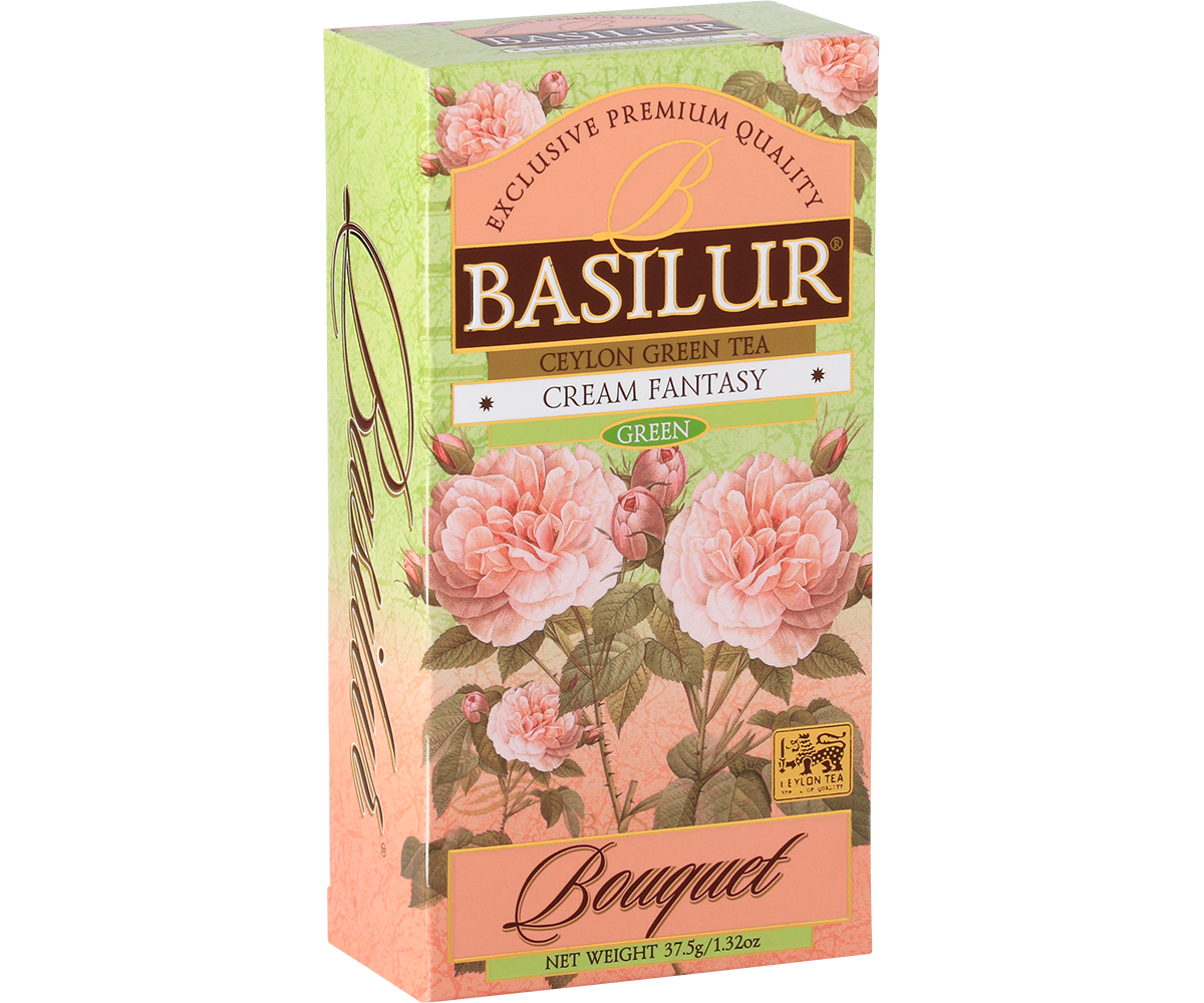 Front opakowania Basilur Cream Fantasy z motywem róż i pastelową kolorystyką.