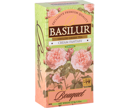 Front opakowania Basilur Cream Fantasy z motywem róż i pastelową kolorystyką.