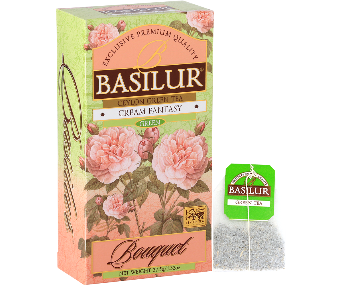 Torebka herbaty Basilur Cream Fantasy z zieloną etykietą i logo Basilur.