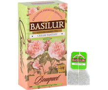 Torebka herbaty Basilur Cream Fantasy z zieloną etykietą i logo Basilur.