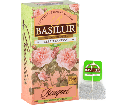 Torebka herbaty Basilur Cream Fantasy z zieloną etykietą i logo Basilur.